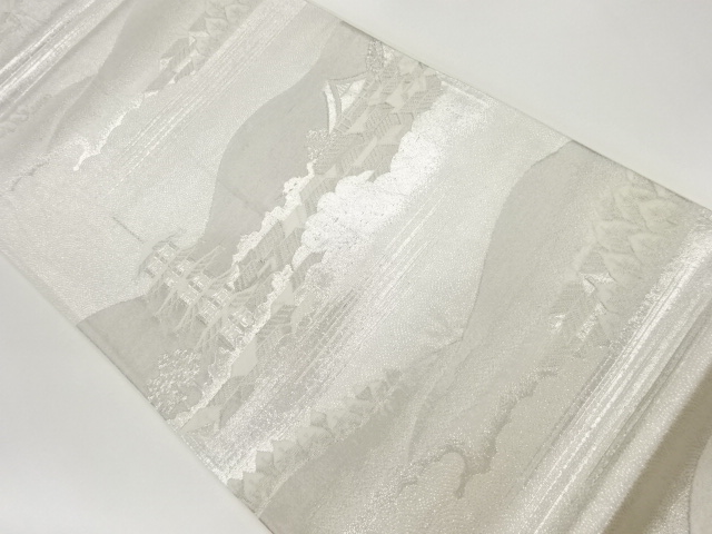 塔に山・家屋風景模様織出し袋帯